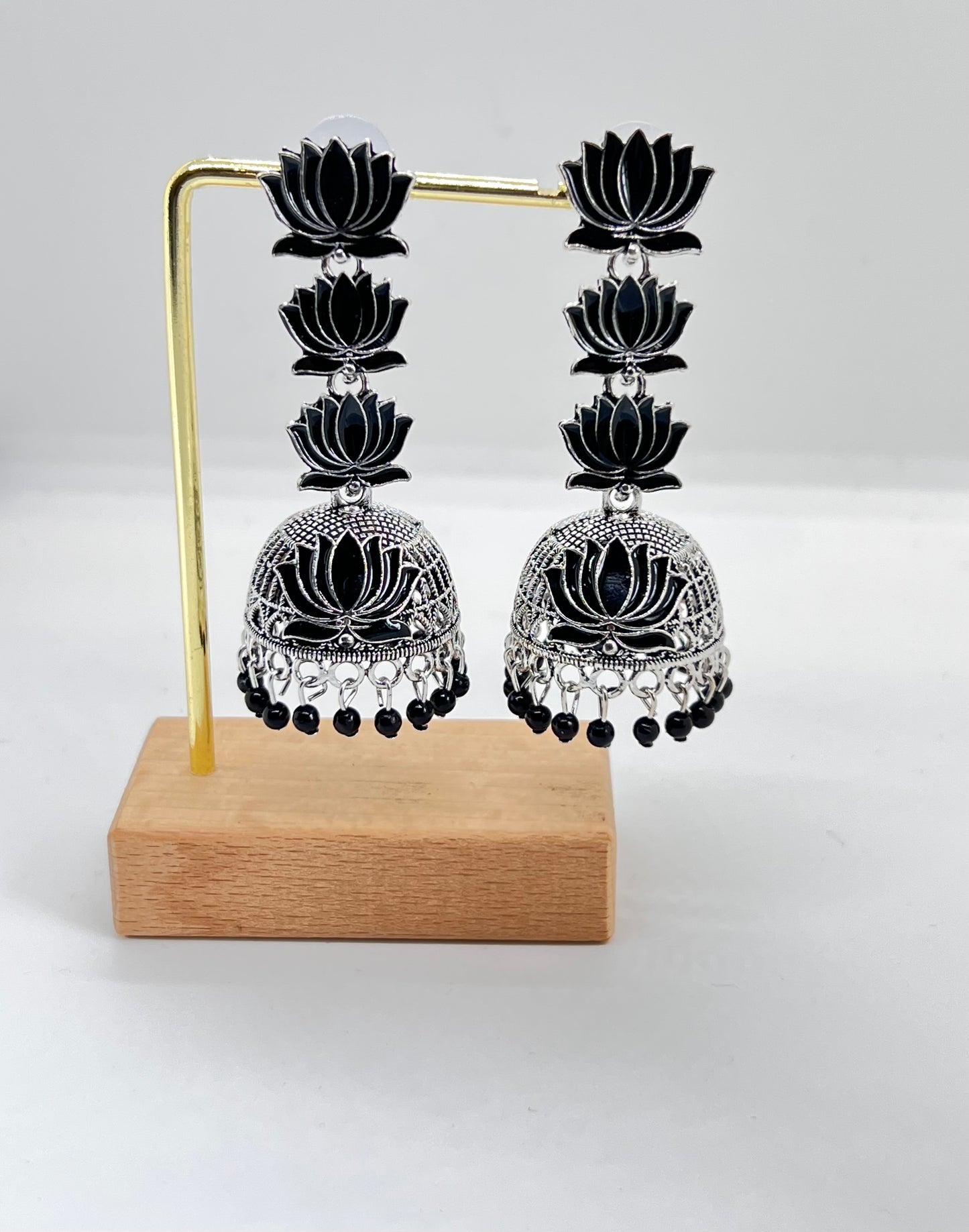 Vintage Oxidised Triple Lotus Jumka - Black