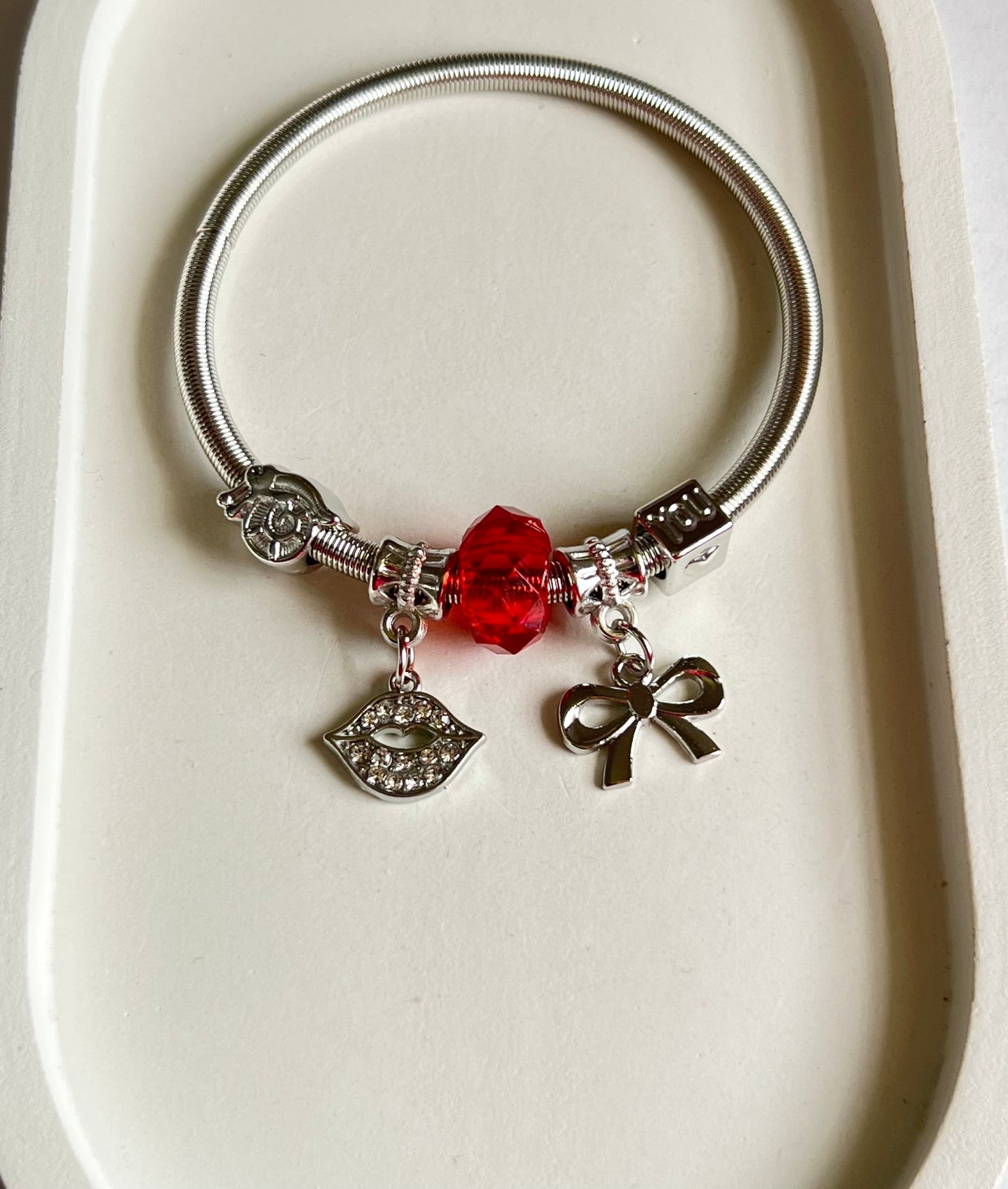 Scarlet Kisses & Ribbon Pandora Style Charm Bracelet