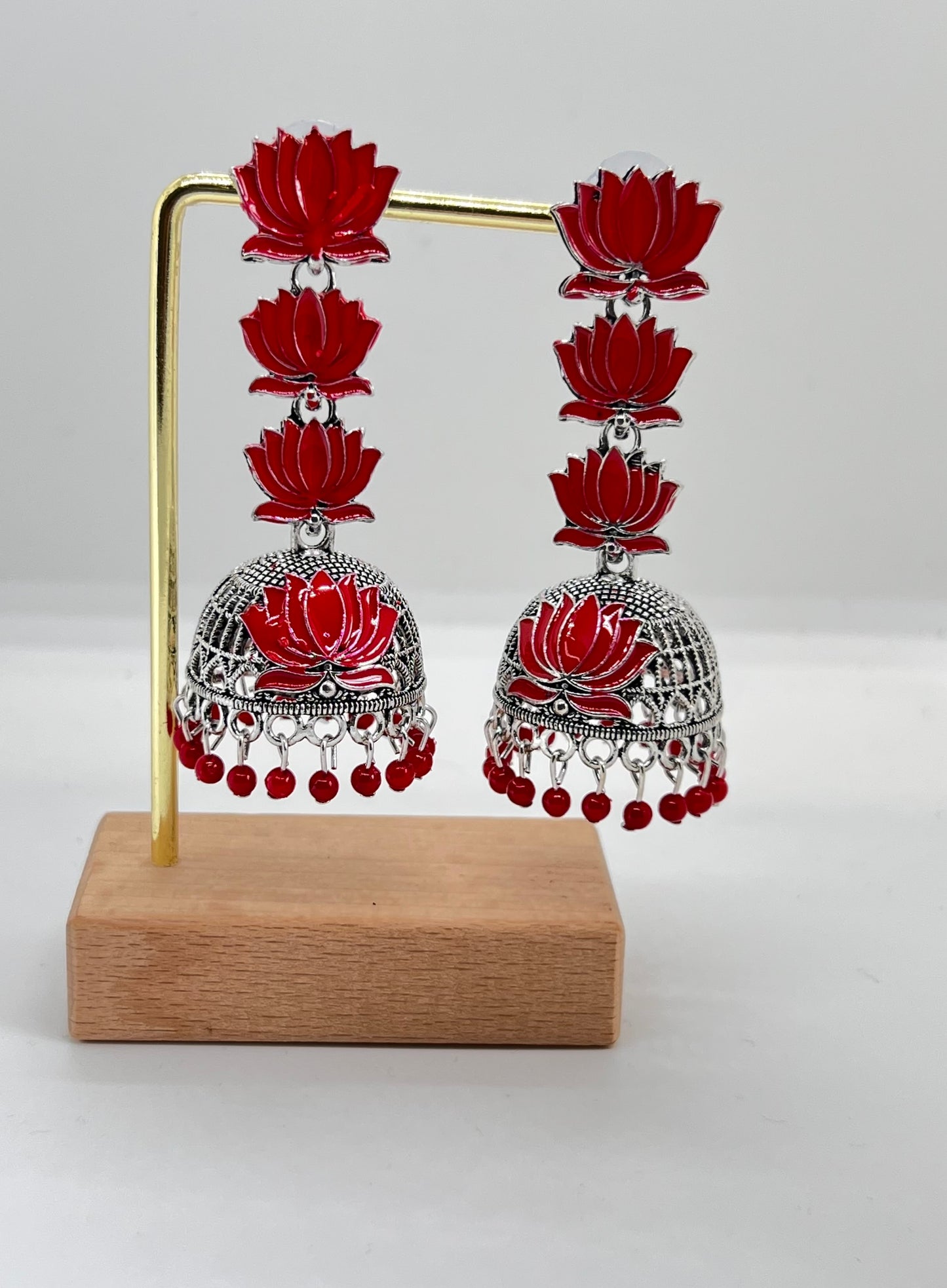 Vintage Oxidised Triple Lotus Jumka - Red