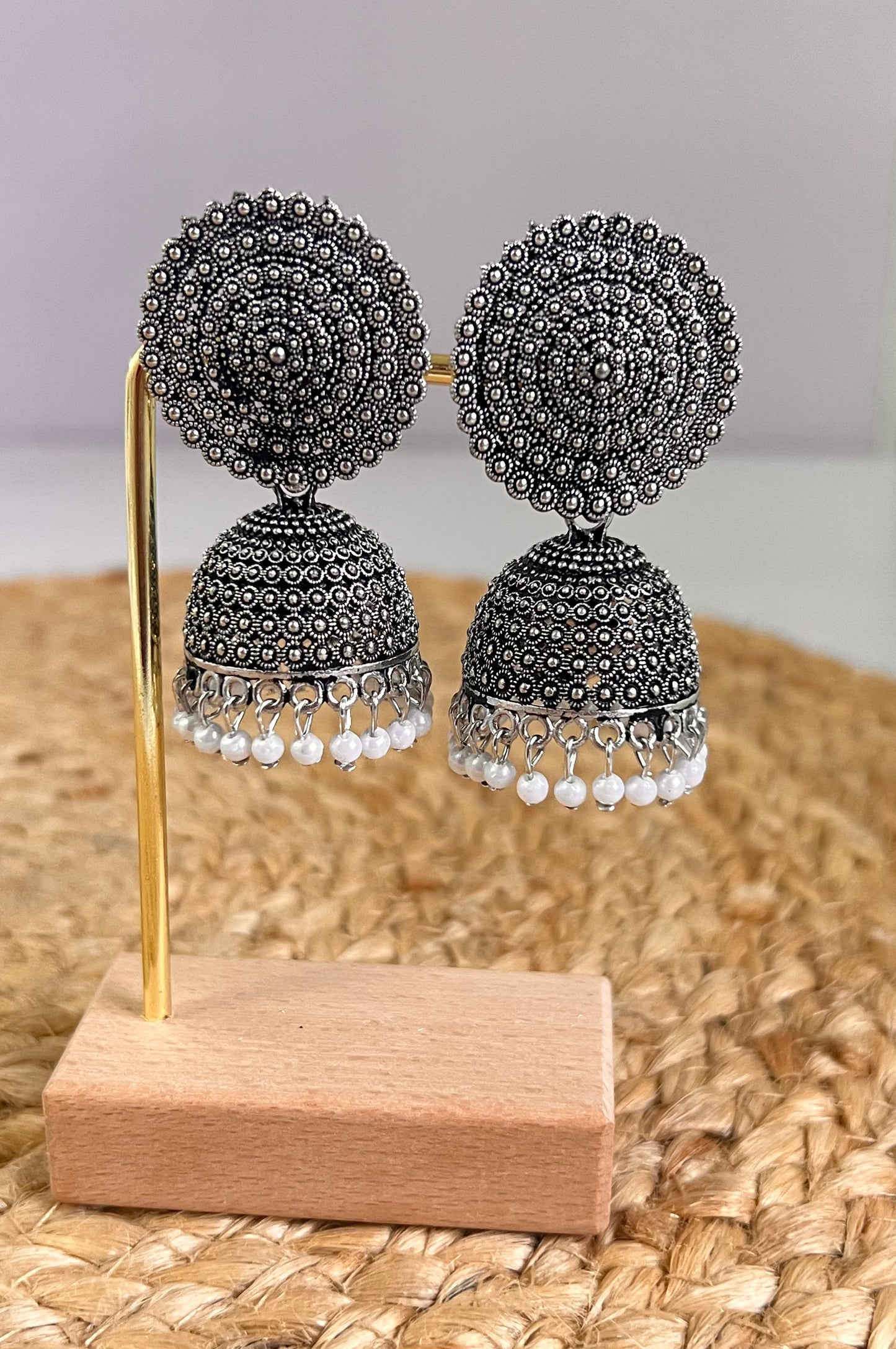 Rustic Grace Oxidised Silver Jumka Earrings