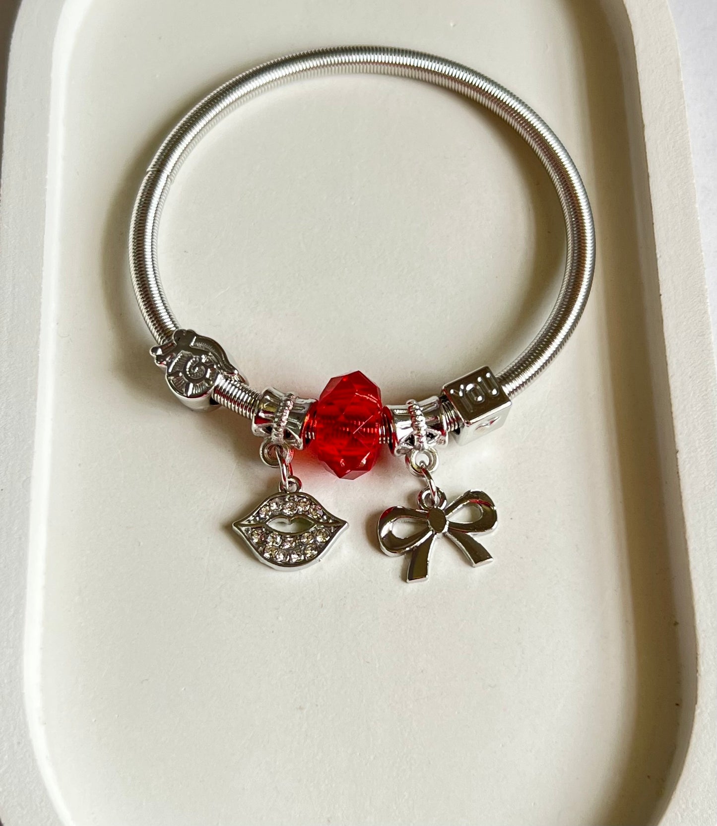 Scarlet Kisses & Ribbon Pandora Style Charm Bracelet