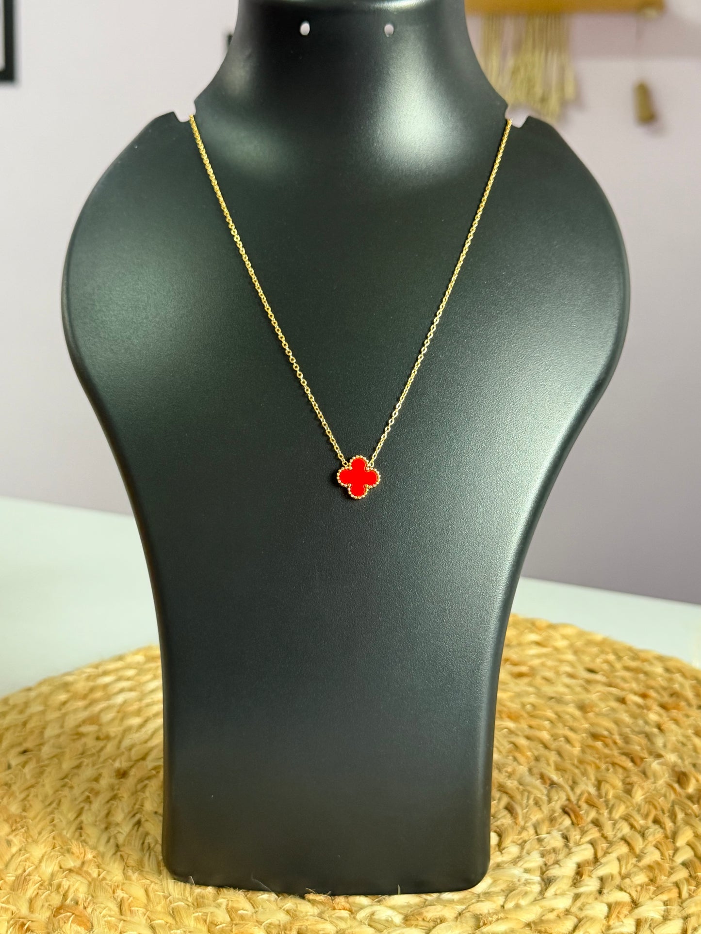 Classic Clover Elegance Anti-Tarnish Clover Neck Chain - Red