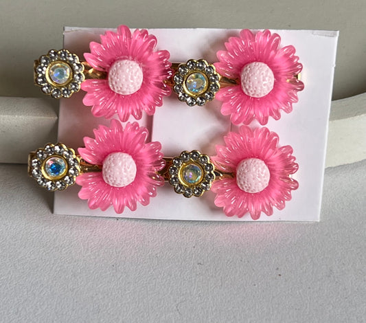 Korean Style Petal Bloom Hair Clips (2 Pieces) - Dark Pink