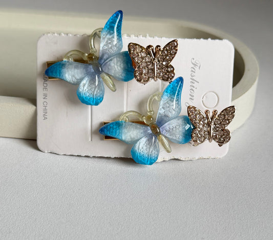 Korean Style Double Butterfly Hair Clips Pack of 2 -  Light Blue