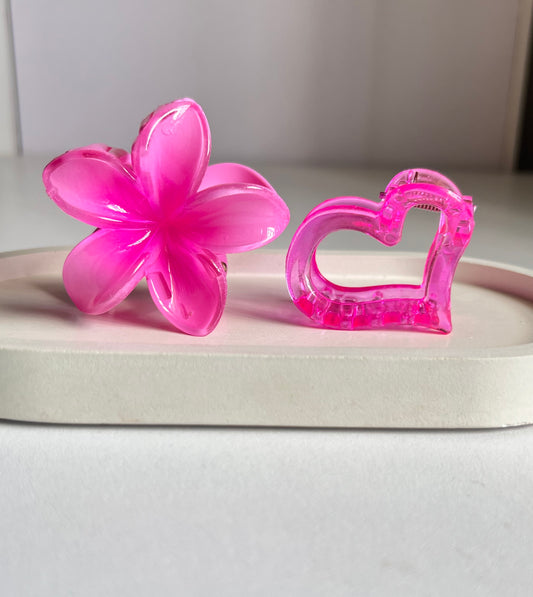Blossom & Heart Mini Hair Clip Combo - Dark Pink