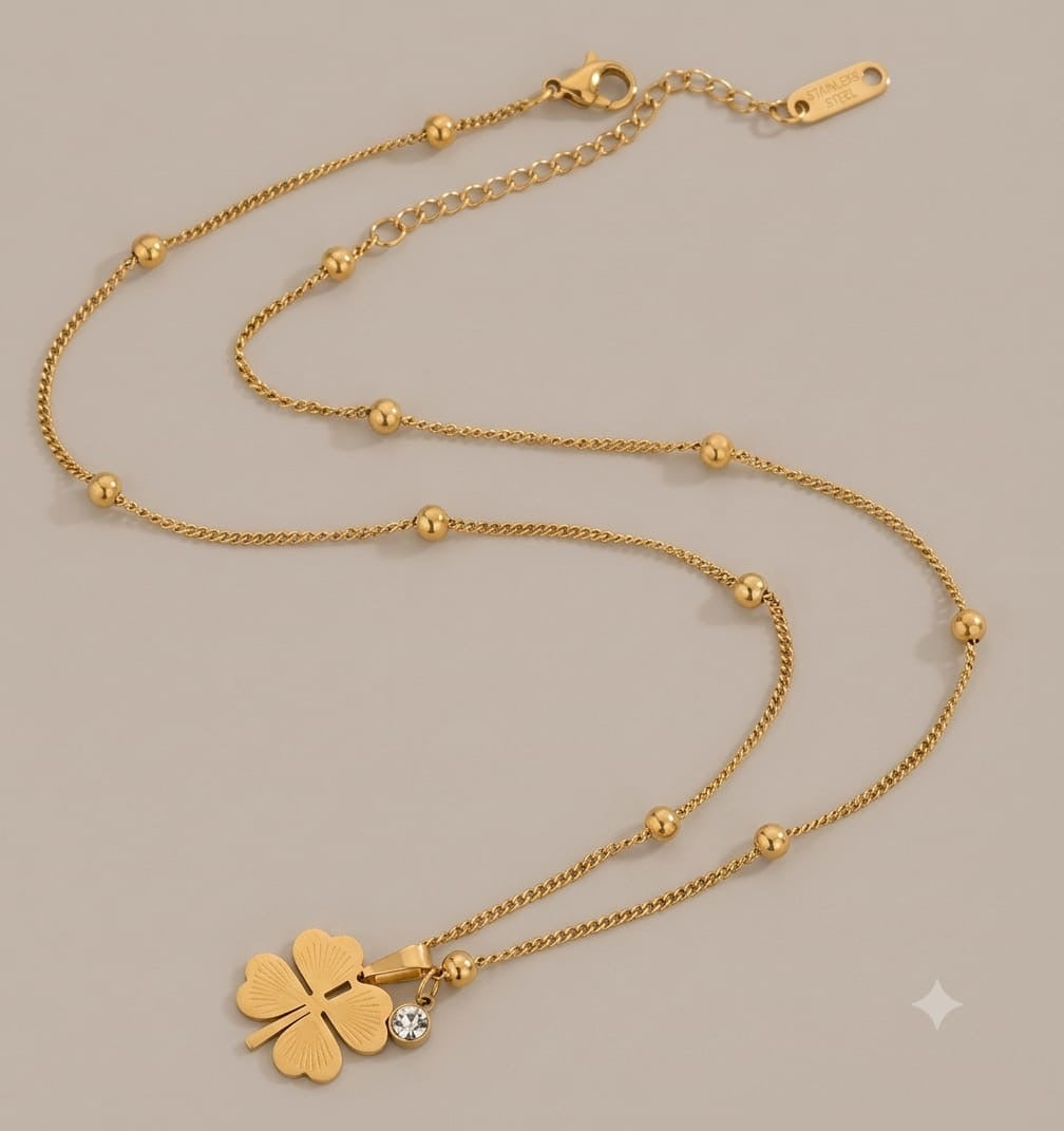 Lucky Clover & Solitaire Crystal Anti Tarnish Neck Chain