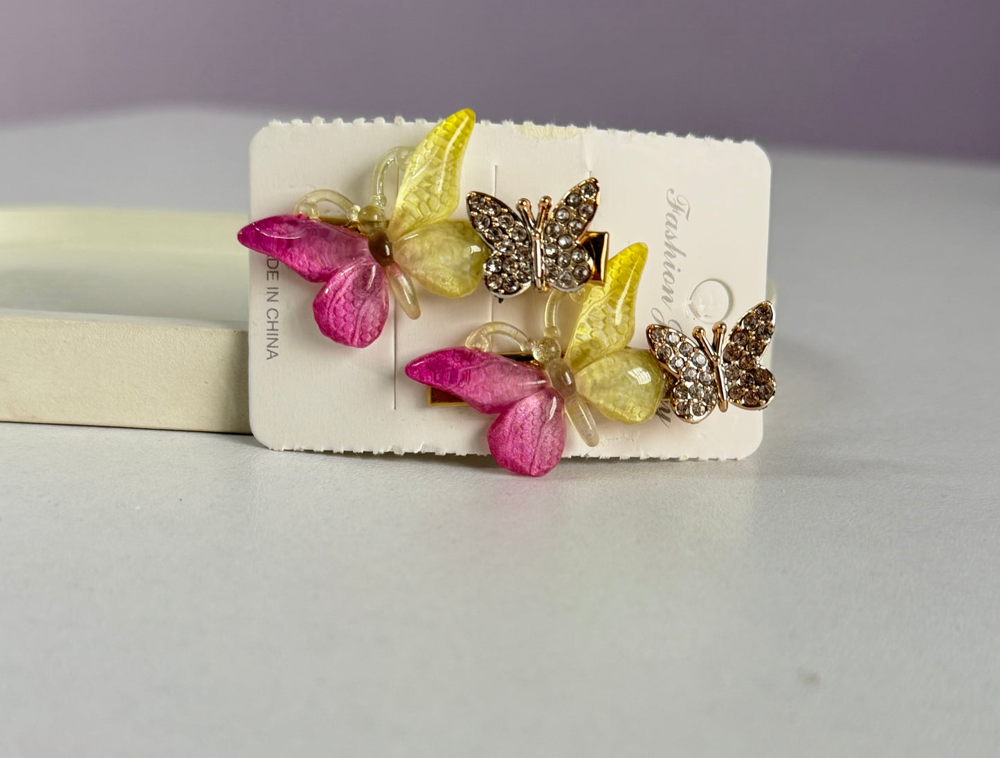 Korean Style Double Butterfly Hair Clips Pack of 2 - Yellow with Pink