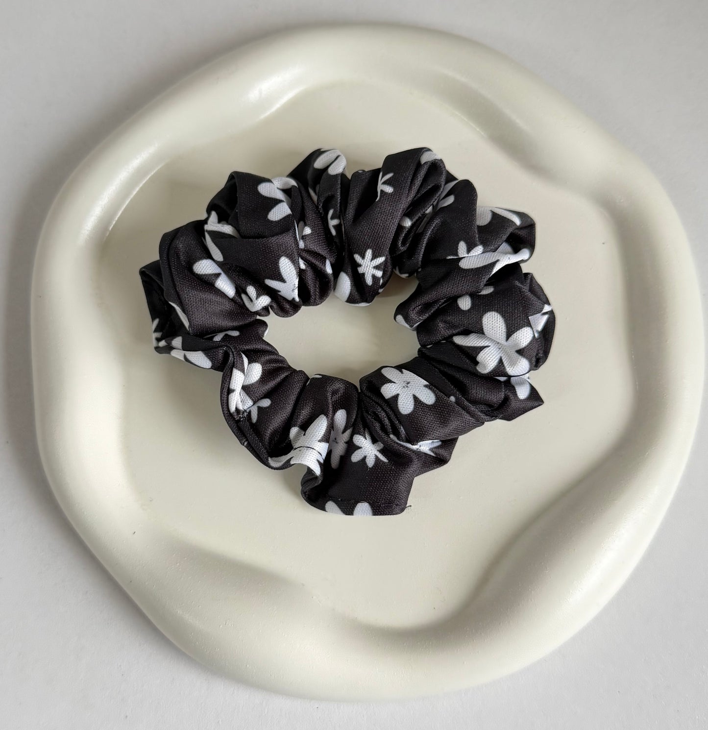 Floral Black Satin Scrunchie