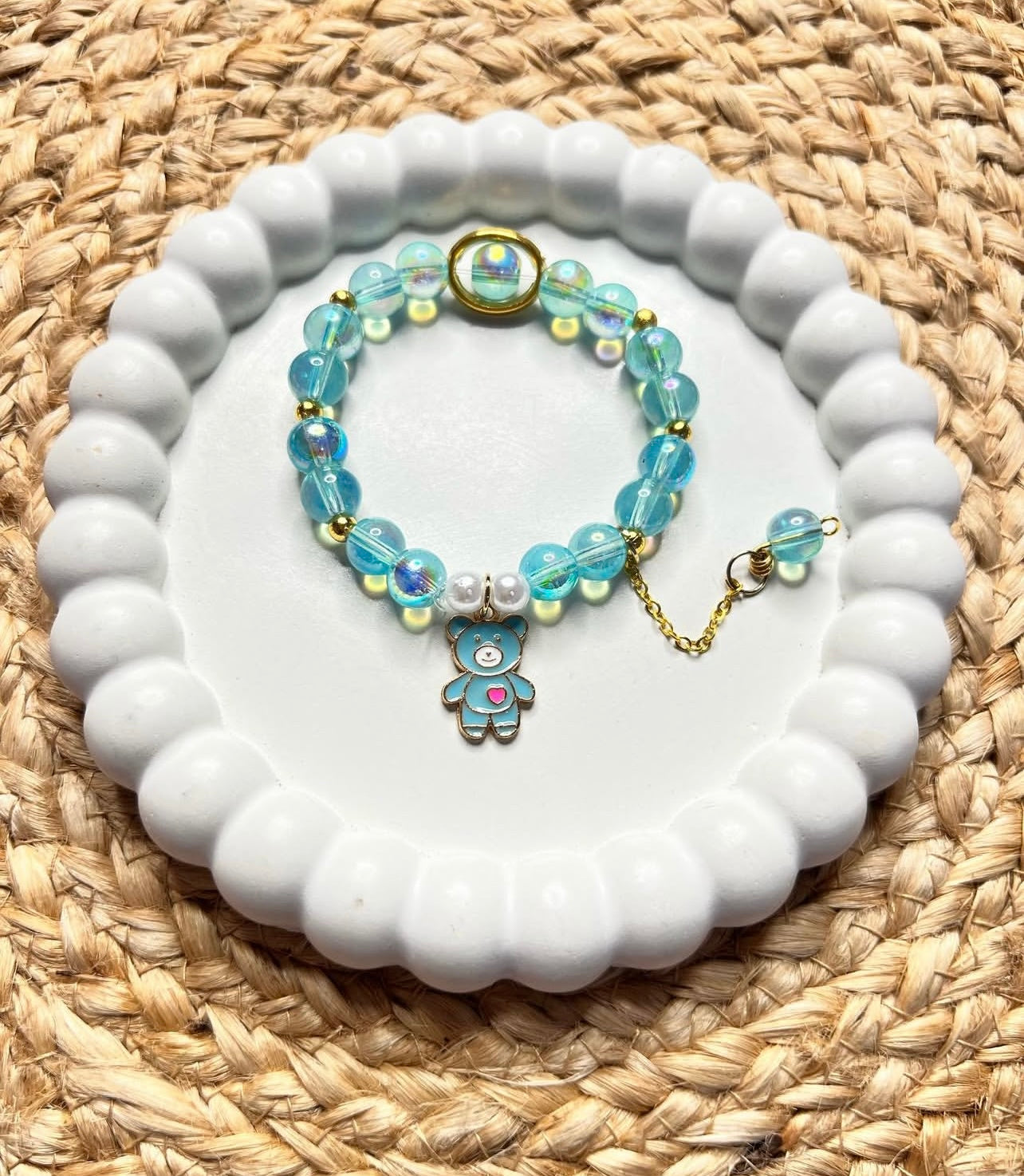 Korean Style Blue Rainbow Beads Teddy Bear Bracelet