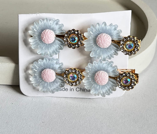 Korean Style Petal Bloom Hair Clips (2 Pieces) - Light Blue