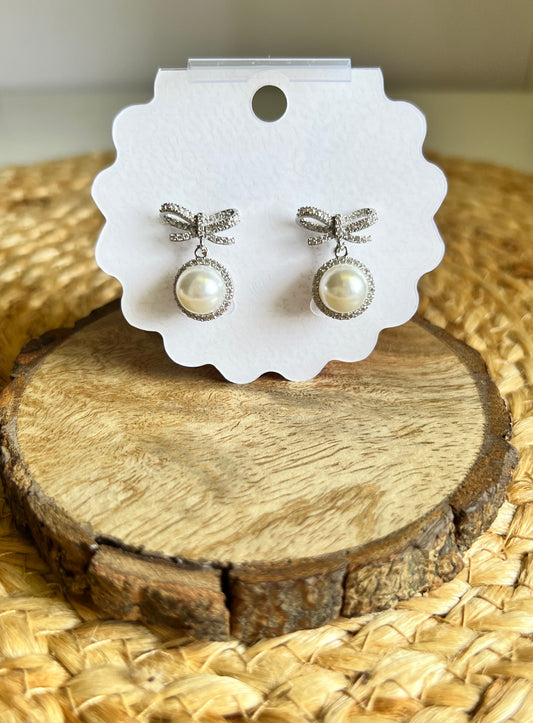 Korean Style Graceful Glow Pearl Bow Earrings - Silver