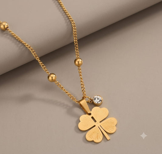 Lucky Clover & Solitaire Crystal Anti Tarnish Neck Chain