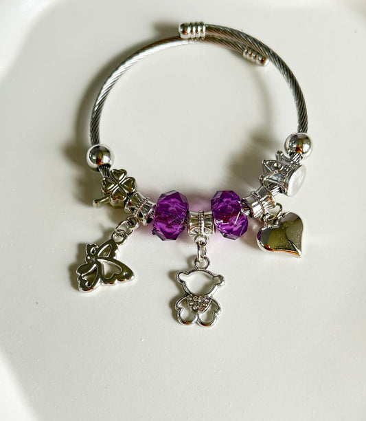Purple Snuggle Flutter Adjustable Pandora Style Charm Bracelet