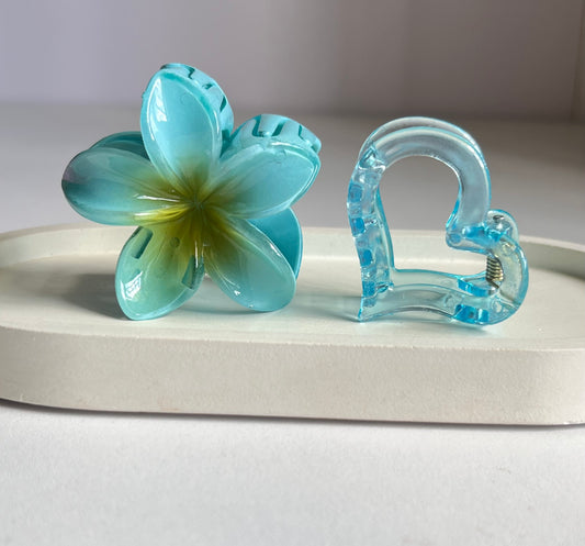 Blossom & Heart Mini Hair Clip Combo - Teal Blue