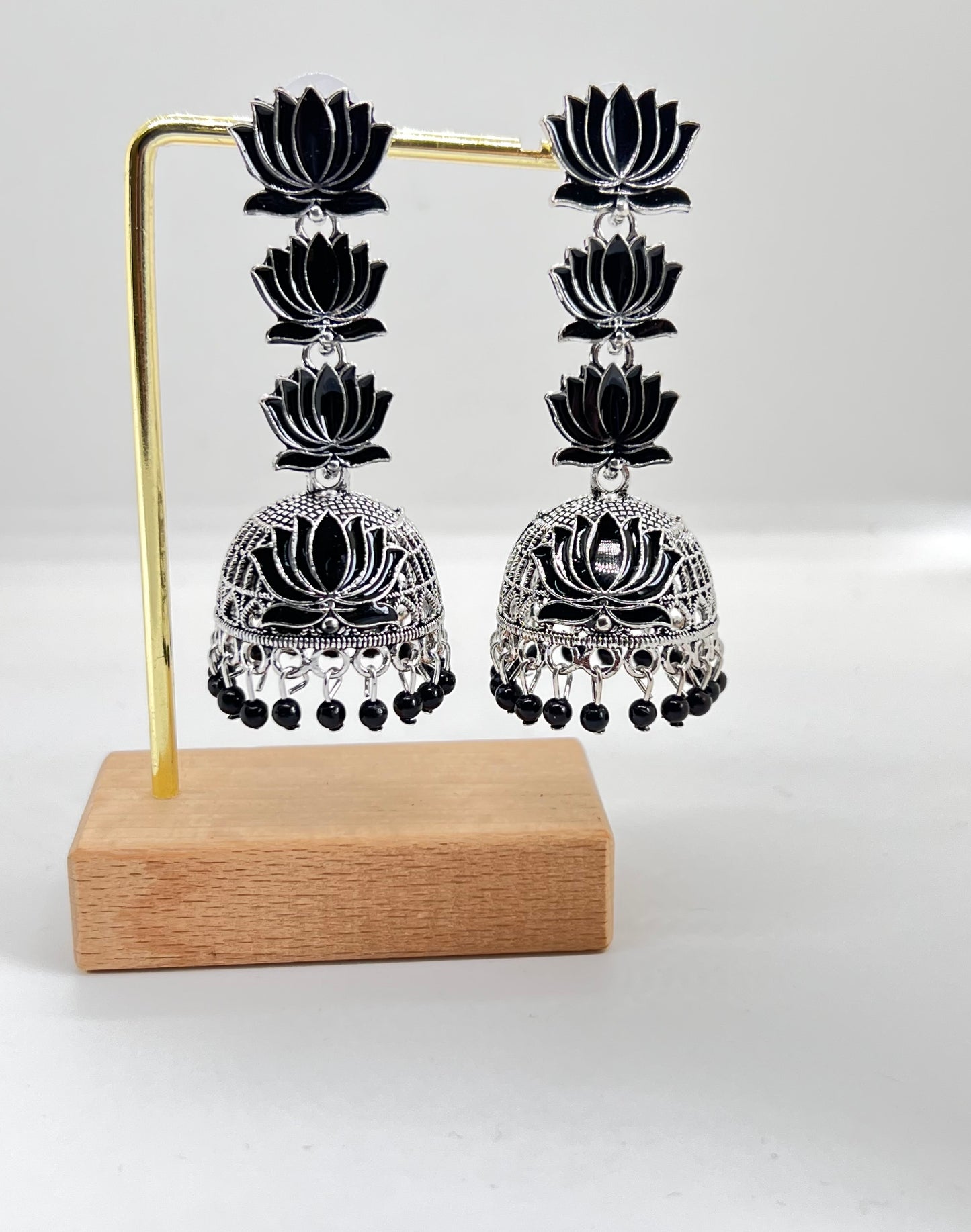 Vintage Oxidised Triple Lotus Jumka - Black