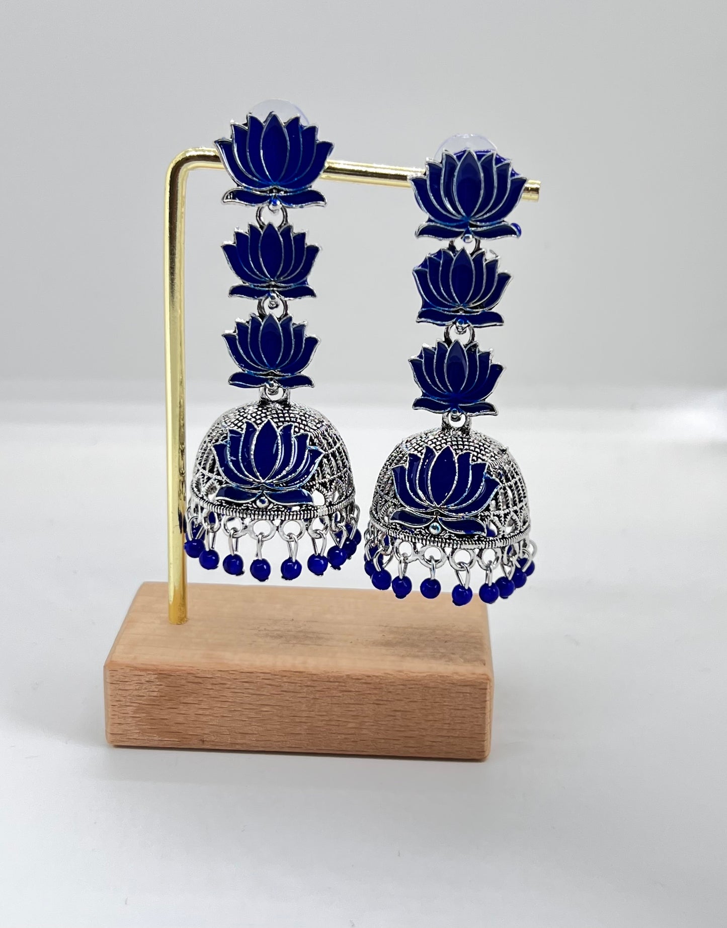 Vintage Oxidised Triple Lotus Jumka - Blue