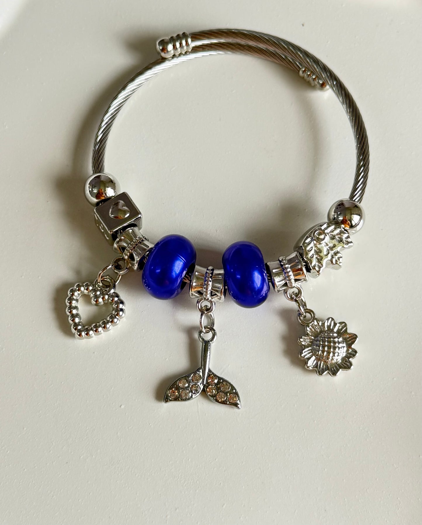 Azure Heart of Sea Adjustable Pandora Style Charm Bracelet