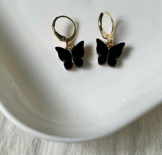 Fluttering Black Butterfly Hoops Earrings