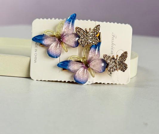 Korean Style Double Butterfly Hair Clips Pack of 2 - Blue with Beige