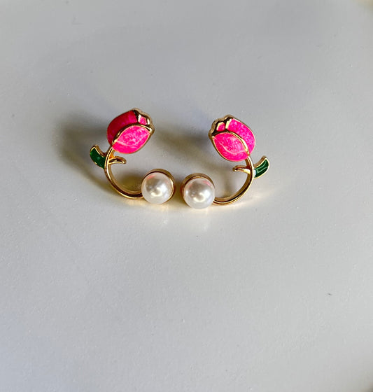 Cute Korean Style Tulip Flower Earrings - Dark Pink