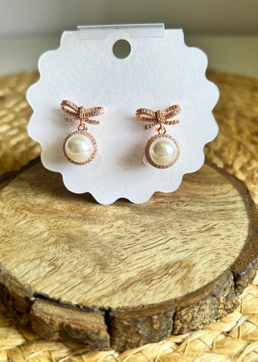 Korean Style Graceful Glow Pearl Bow Earrings - Rose Gold