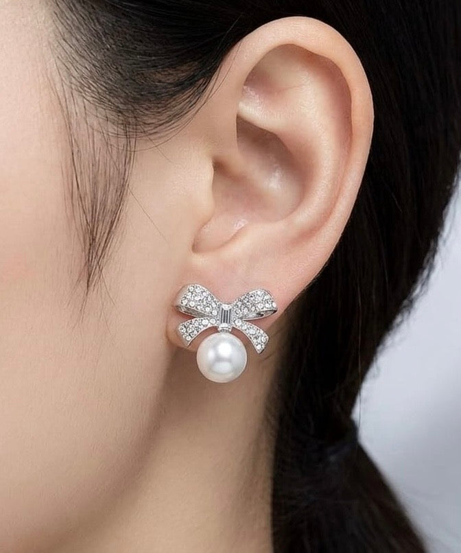 Korean Style Sparkly Bow Pearl Earrings
