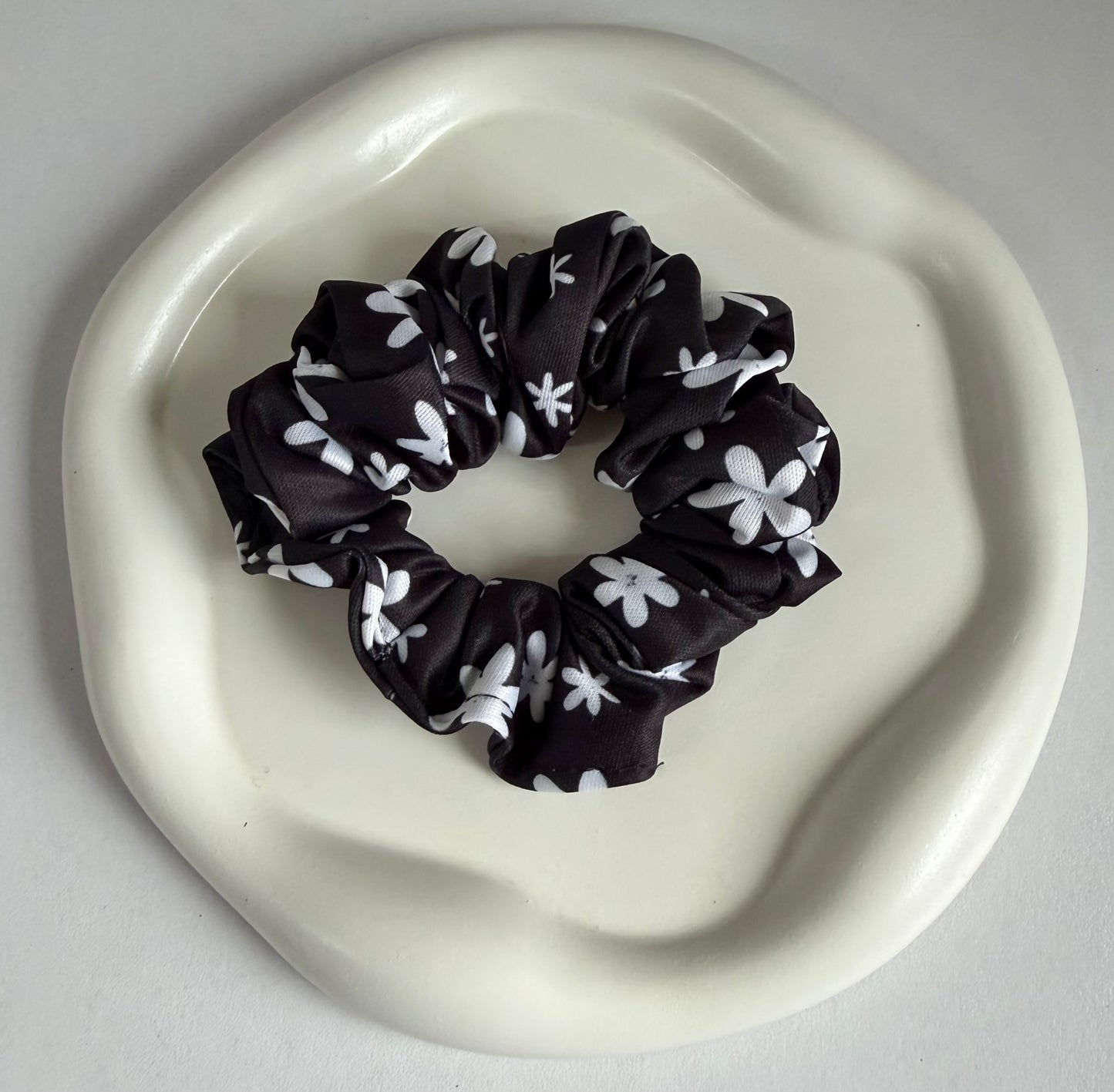 Floral Black Satin Scrunchie