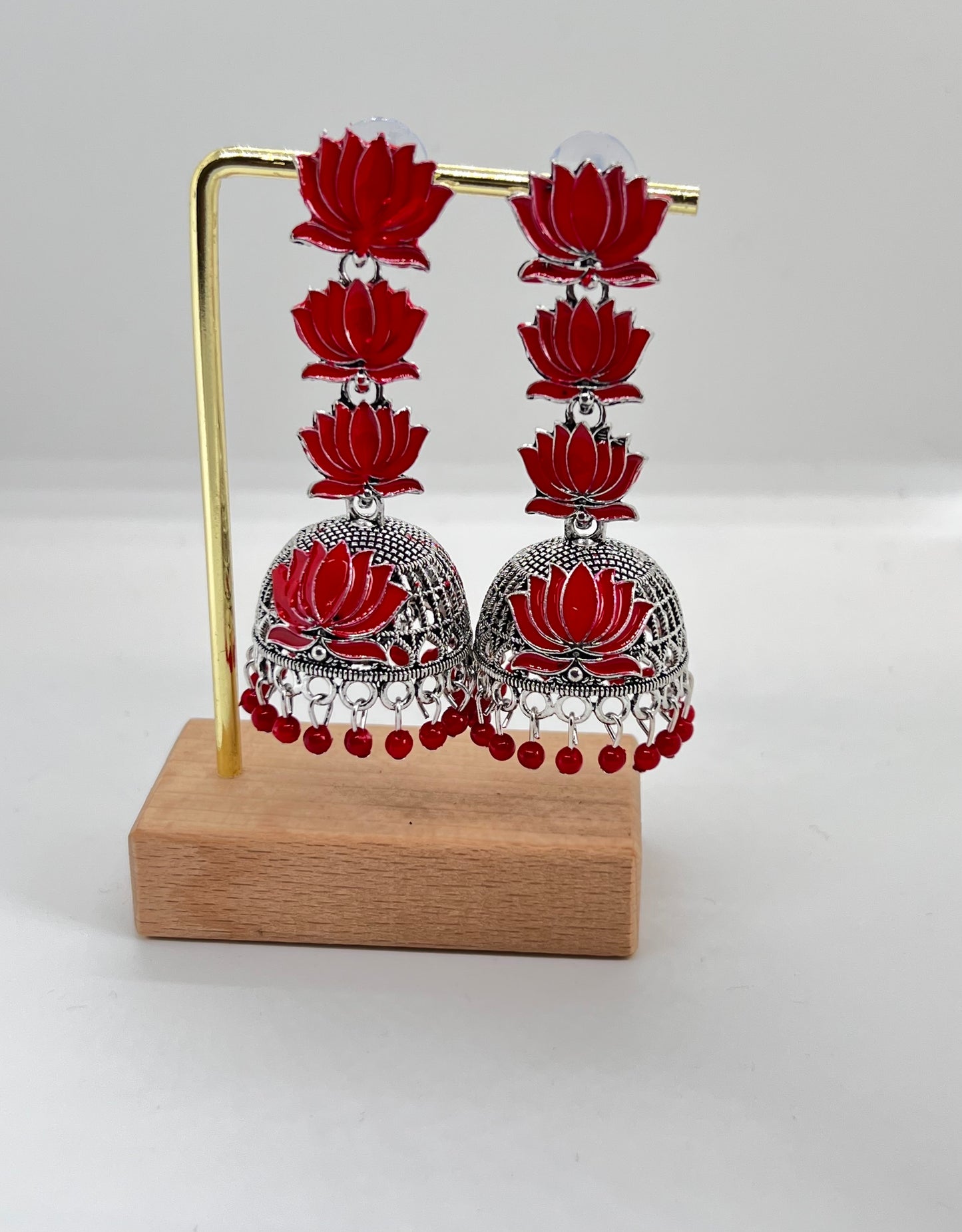 Vintage Oxidised Triple Lotus Jumka - Red