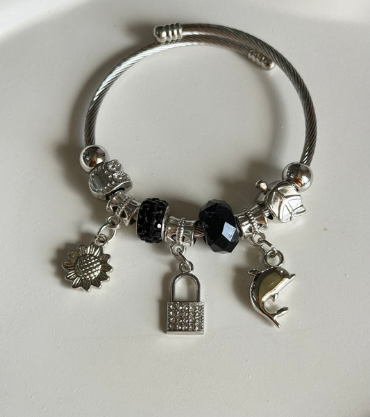 Midnight Bloom Waves Adjustable Pandora Style Charm Bracelet