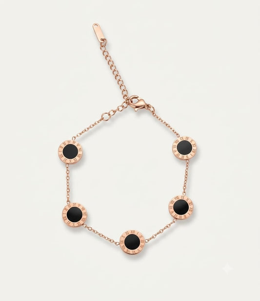 Elegant Black Medallion Roman Numeral Anti Tarnish Chain Bracelet