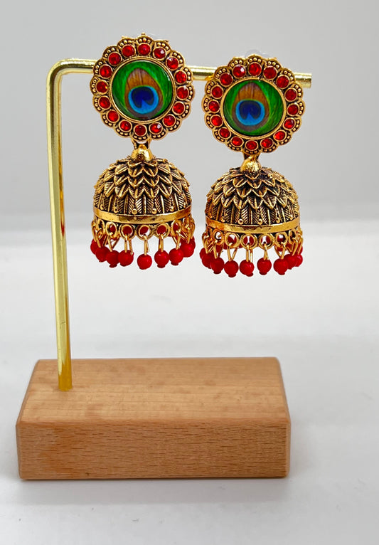 Royal Peacock Jhumka Earrings- Red