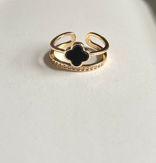Lucky in Black - Anti-Tarnish Clover Adjustable Finger Ring