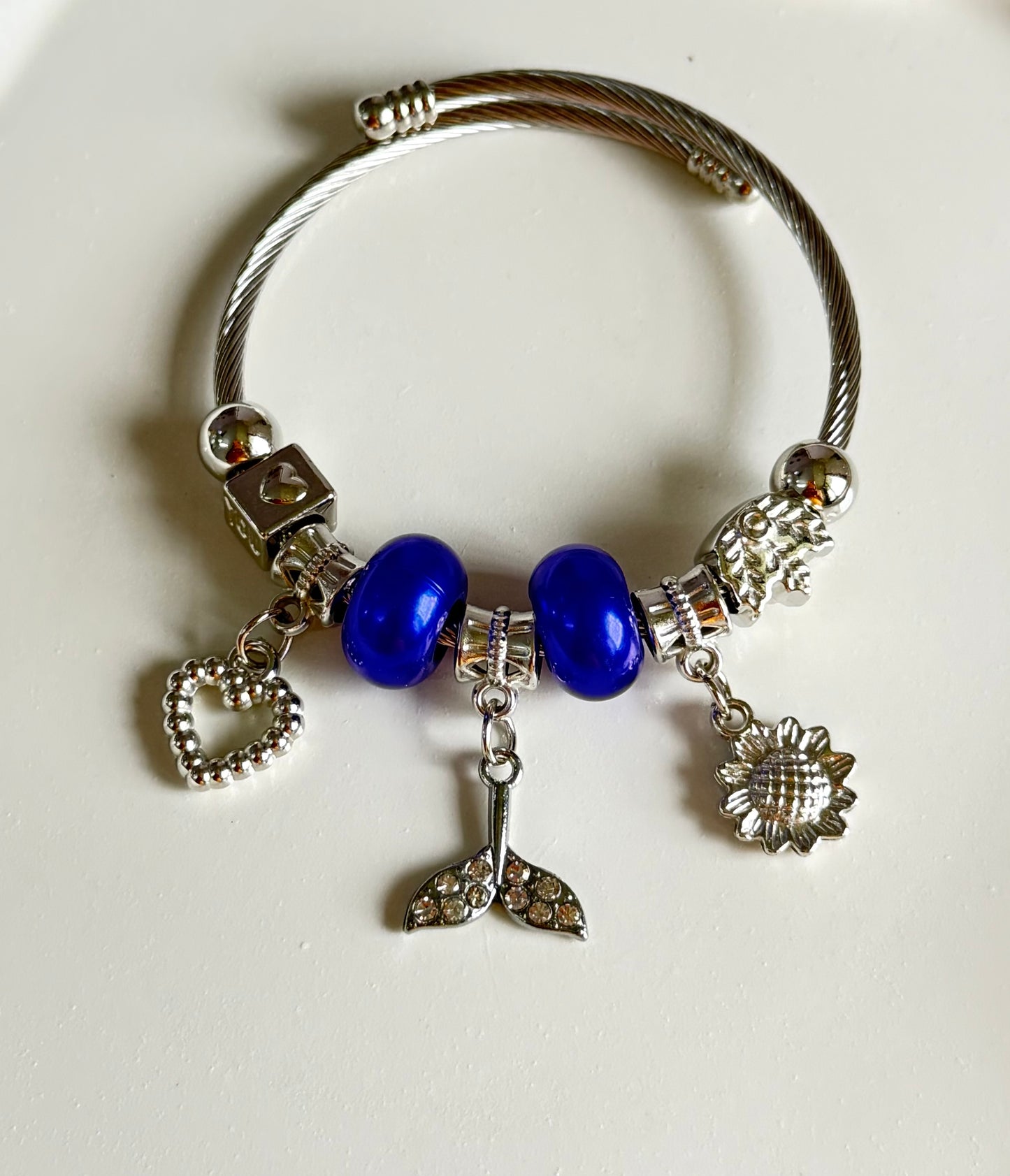 Azure Heart of Sea Adjustable Pandora Style Charm Bracelet