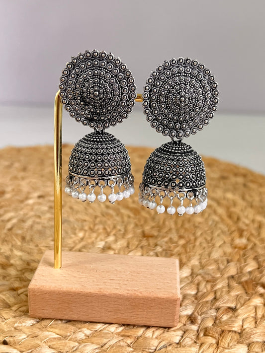 Rustic Grace Oxidised Silver Jumka Earrings