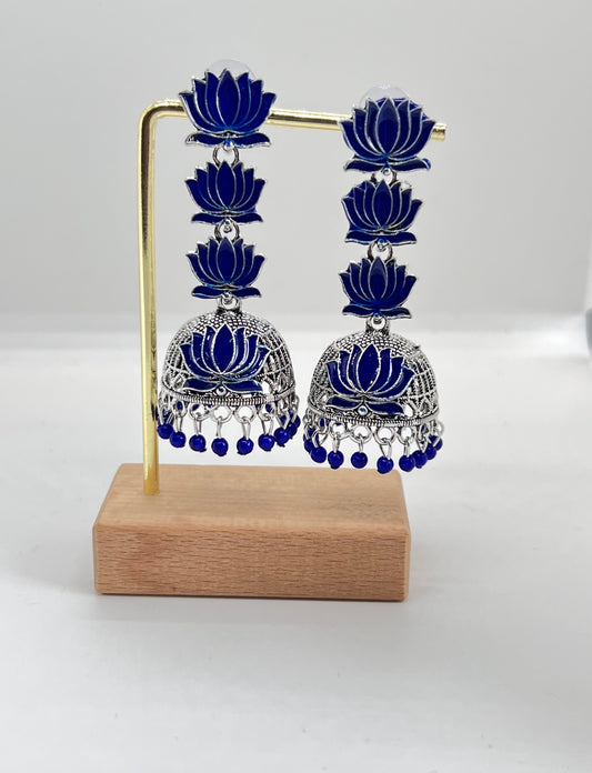 Vintage Oxidised Triple Lotus Jumka - Blue