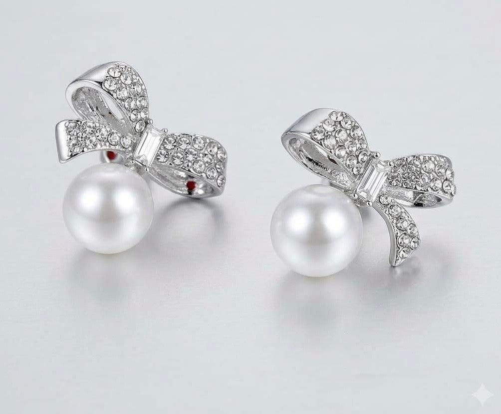 Korean Style Sparkly Bow Pearl Earrings