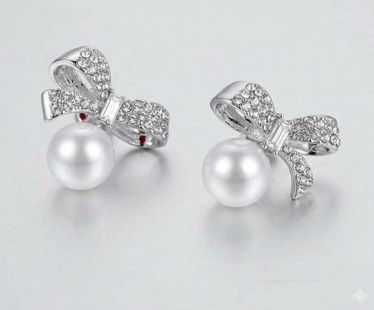 Korean Style Sparkly Bow Pearl Earrings